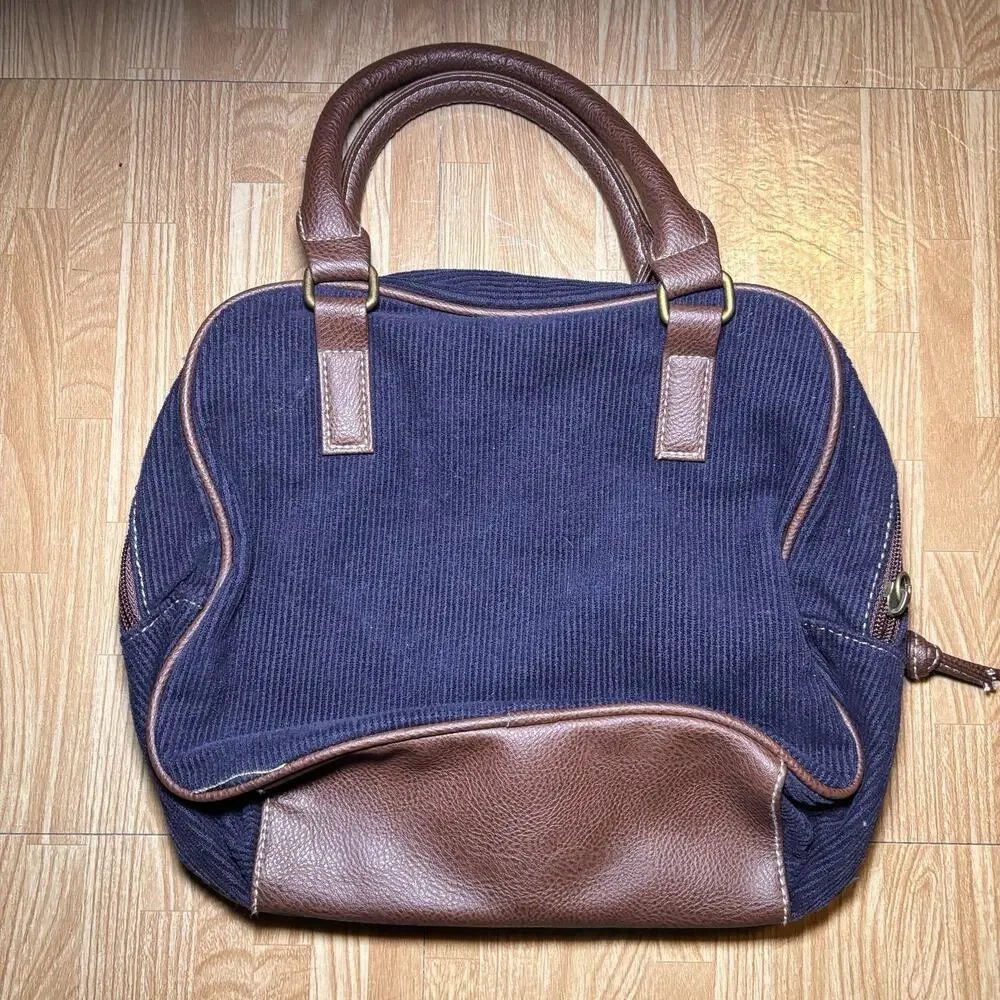 Union Bay Patchwork Corduroy & Faux Leather Satchel Handbag – Blue/Brown
